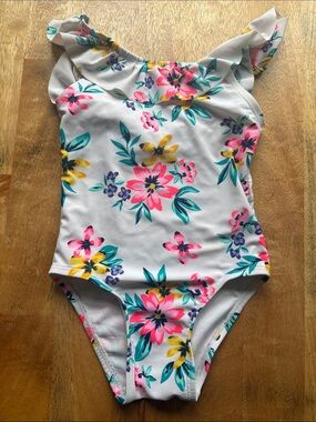 Old Navy White One-Piece Swimsuit with Pink, Yellow & Teal Floral Print